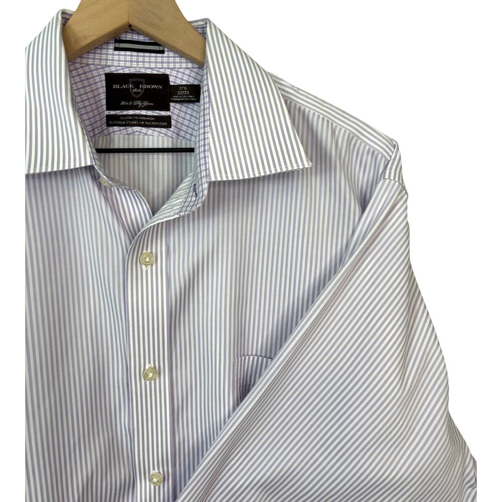 Black Brown 1826 Mens Dress Shirt 17.5 32/33 Striped Non Iron Light Purple M